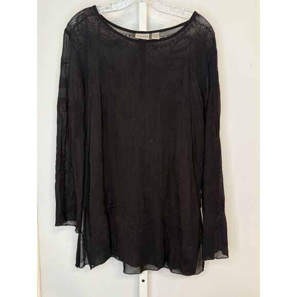 Chico’s Size 1 Black Sheer Embroidered Tunic Blouse Boho Long Sleeve Overlay Top - Picture 1 of 9